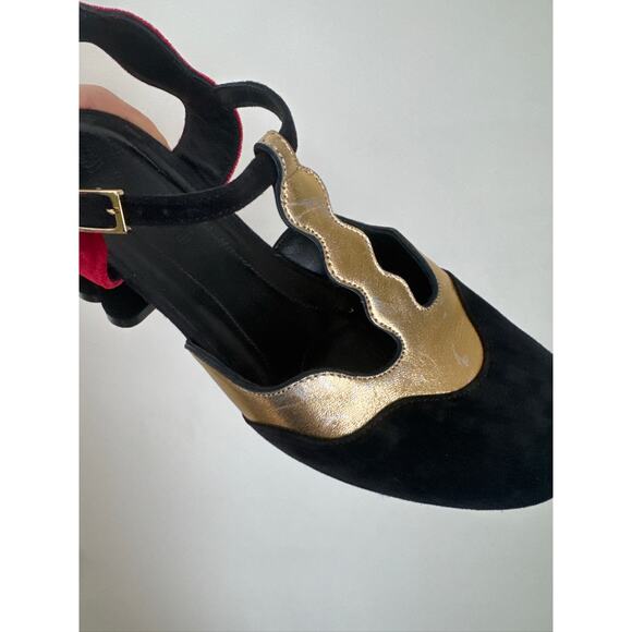 Marni Scalloped  Velvet Colorblock T Strap Mary Jane Block Heel Pumps, Sz 36 - Picture 5 of 7